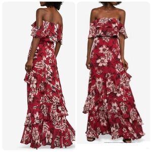 BCBGMAXAZRIA Off-The-Shoulder Festive Floral Maxi RED Draped Feminine Dress 6